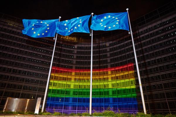 The EU buildings lit with the rainbow flag colours to mark IDAHOT 2021